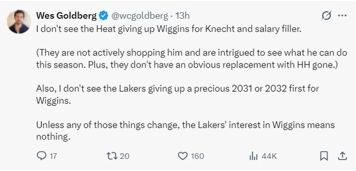 足球-热记透露湖人交易维金斯要点：湖媒列4换1方案出首轮 完美先发可冲冠