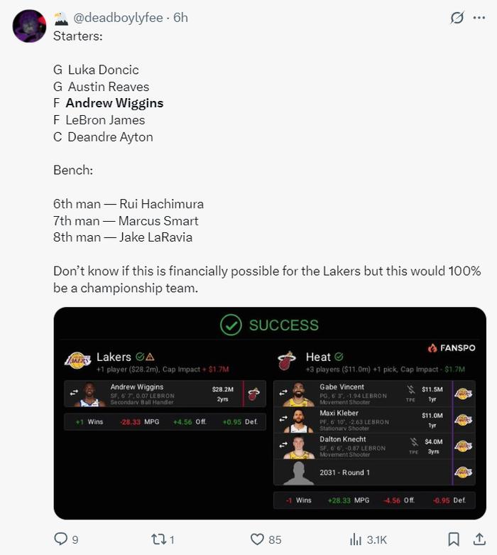 足球-热记透露湖人交易维金斯要点：湖媒列4换1方案出首轮 完美先发可冲冠